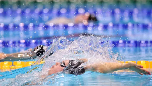 A swimmer performs a backstroke during a competitive race, creating a splash as their arm slices through the water. The lane dividers and blurred swimmers in the background suggest a high-level aquatic event in a professional pool setting.