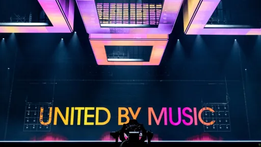 This is a photo looking up at the stage at the Malmo Arena with United By Music as the digital backdrop