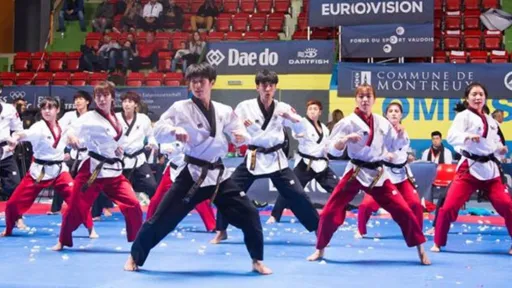This is an image showing a group of young people taking part in a taekwondo display