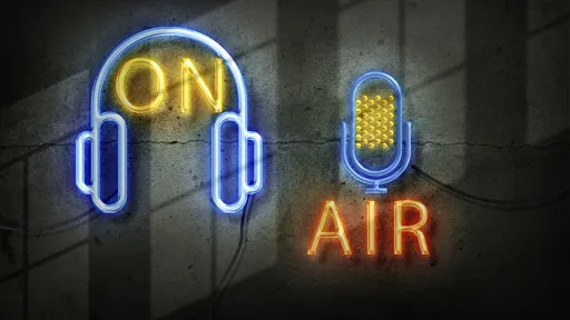 Neon lights shaped like headphones and a mic