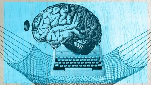 Image of a brain superimposed onto a typewriter to depict journalism and AI