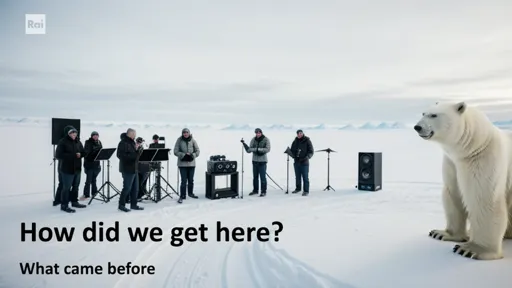 AI-generated image of a polar bear approaching an audio team in an icy landscape