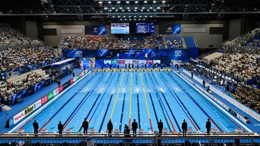 Busy action image of swimmers competing in a swimming pool