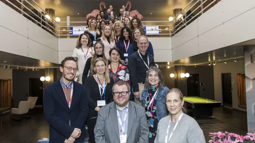 Participants gather on a staircase at the EBU Academy Workshop 2024, in Reykjavik
