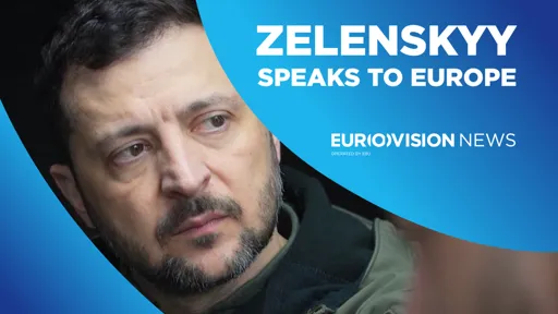This is a photo of Zelenskyy with the Eurovision News logo and text saying Zelenskyy speaks to Europe