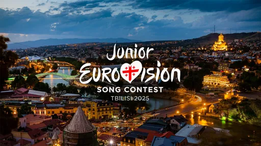 This is a photo of the Georgian capital Tbilisi with an overlay of the Junior Eurovision logo