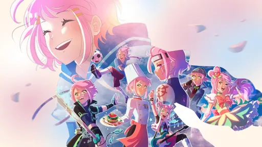 This is an image showing the protagonist of 'My Life is a Manga' - in the top left of the image is her face enlarged, smiling with pink hair. Then super imposed on the rest of the pink background image are different iteration of her; her kicking a football in soccer kit, her as a chef holding a plate of food, her with a sword looking fierce, her as a detective with a magnifying glass to her eye, and her in a flower dress looking happy.
