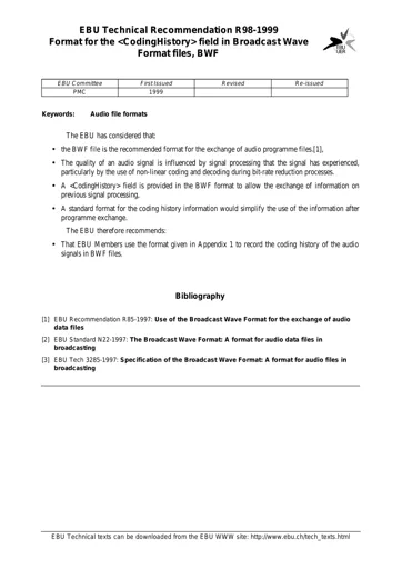 Format for CodingHistory field in Broadcast Wave Format files, BWF