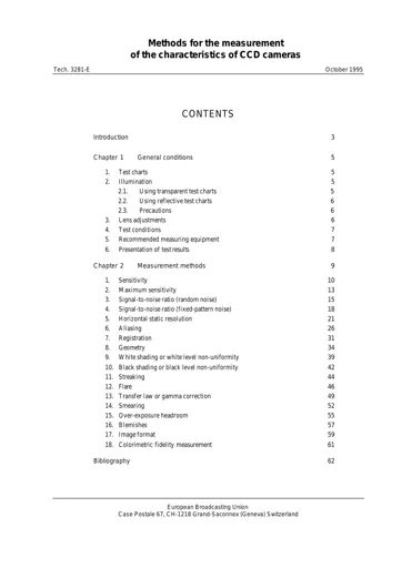 Methods for the measurement of the characteristics of CCD cameras