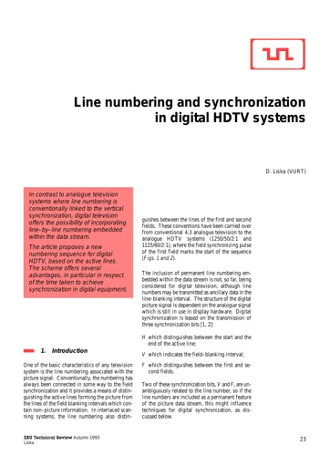 Line numbering and synchronization in digital HDTV systems