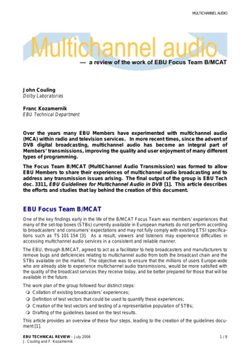 Multichannel audio — a review of the work of EBU Focus Team B/MCAT